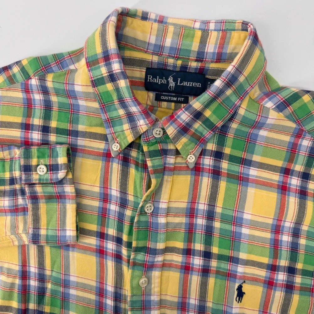 Ralph Lauren Button Down Mens Large Yellow Plaid Custom Fit Long Sleeve Shirt